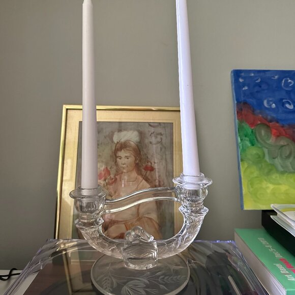 Mid Century Candle holder Crystal candle holder clear glass with Etched flower d - Picture 1 of 6